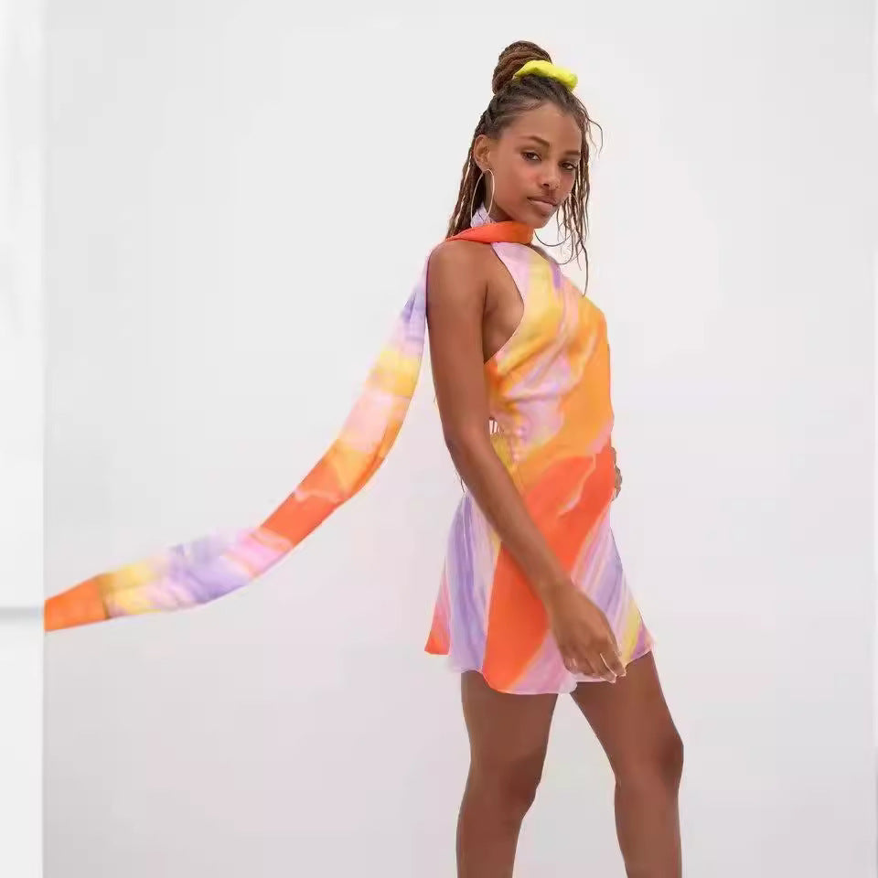 Women's Sexy Gradient Tie-Dye Halter-Neck Sleeveless Slim Fit Dress