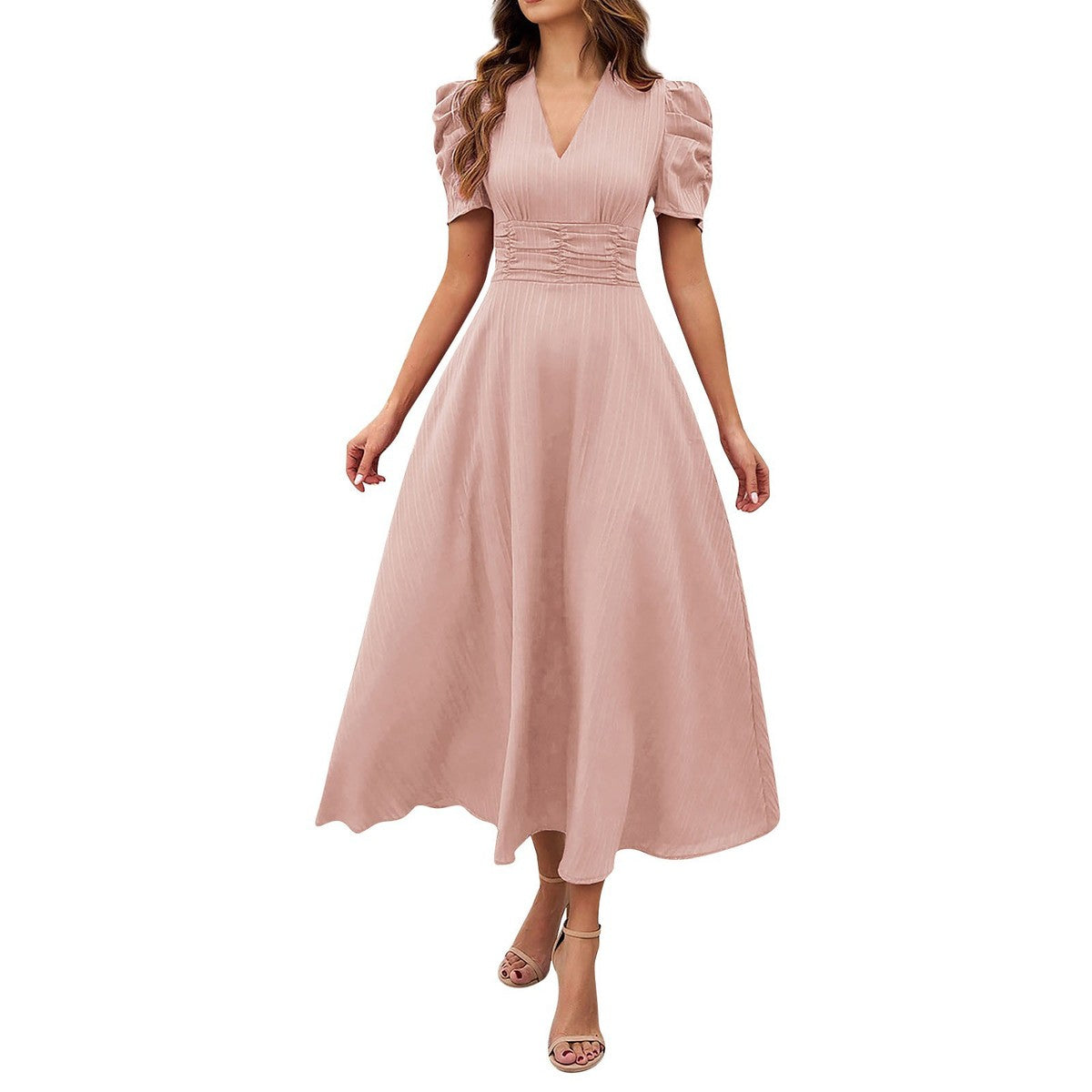 Women's Casual Spring and Summer Solid Color Short Sleeve High Waist Dress