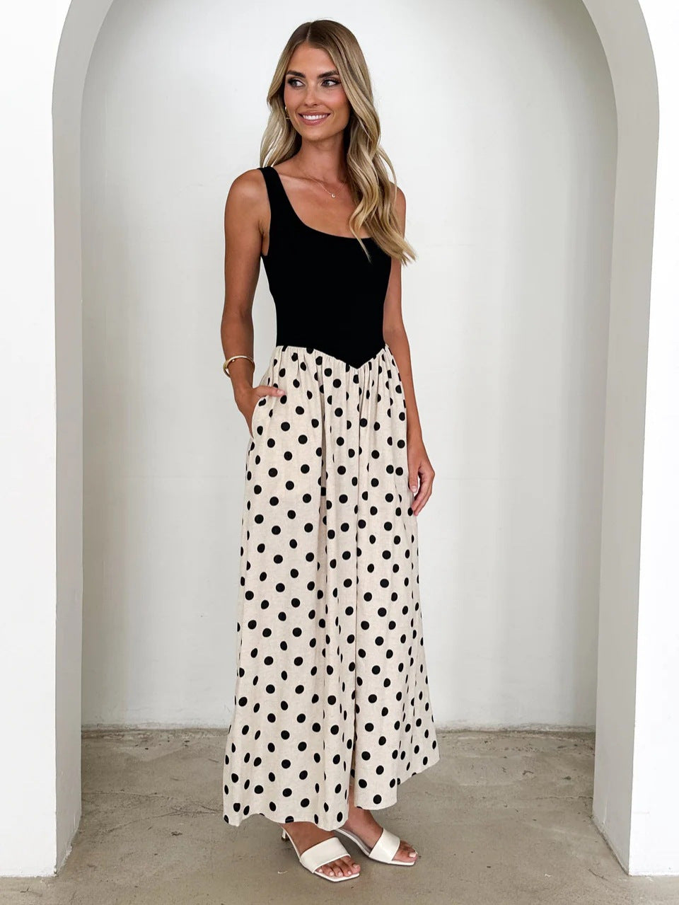 Women's Spring and Polka Dot Print U-Neck Sleeveless Large Swing A-Line Dress