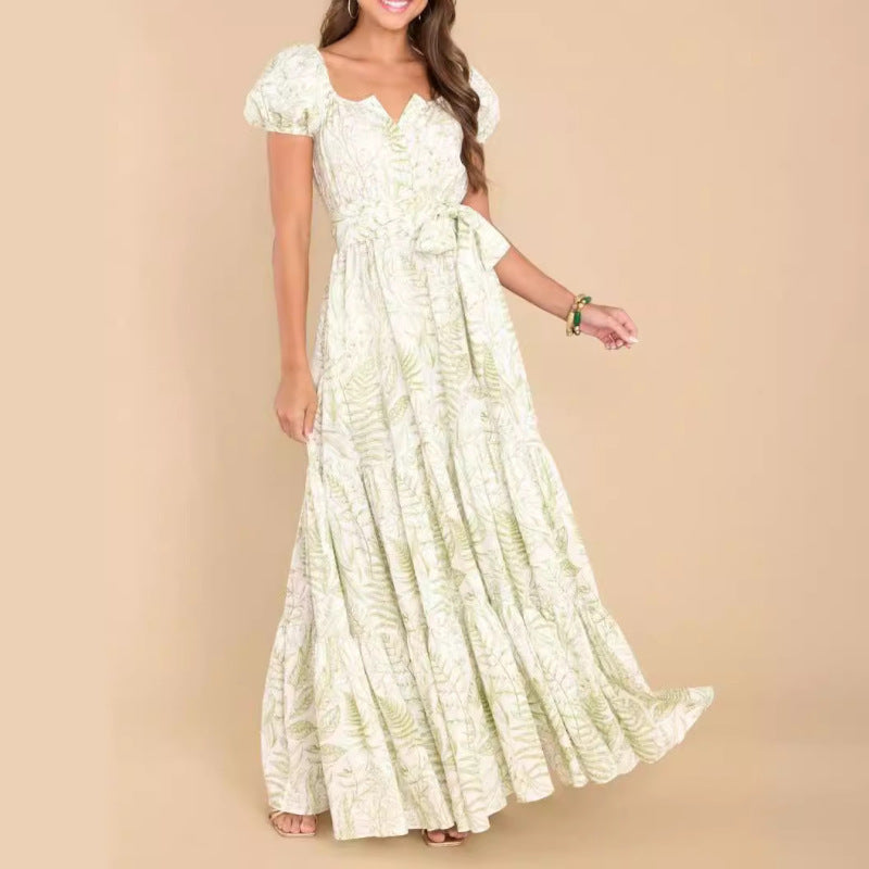 Women's Casual Printed Puff Sleeve Maxi Dress
