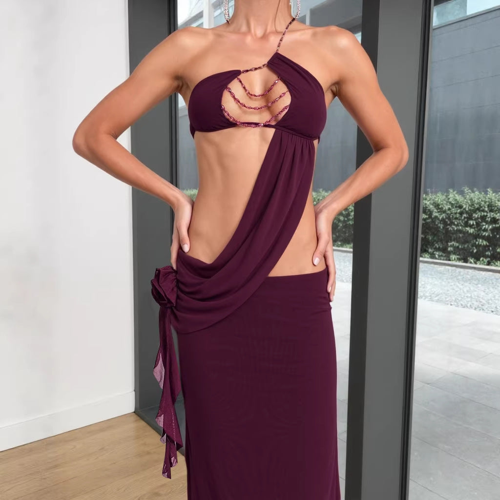 Women's Sexy Solid Color Irregular Bead Chain Floral Slant Shoulder Dress