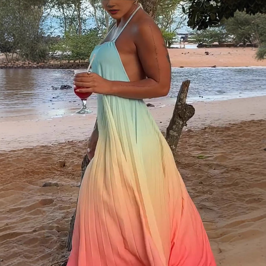 Women's Sexy Gradient Halter-Neck Backless Lace-Up Loose Maxi Dress