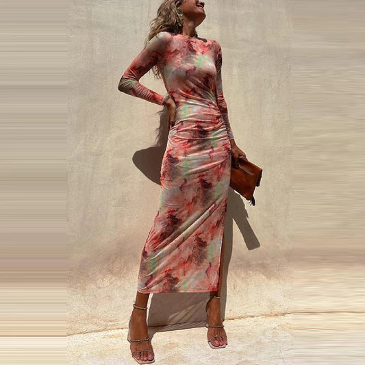 Women's Tie-Dye Print Long Sleeve Split Dress