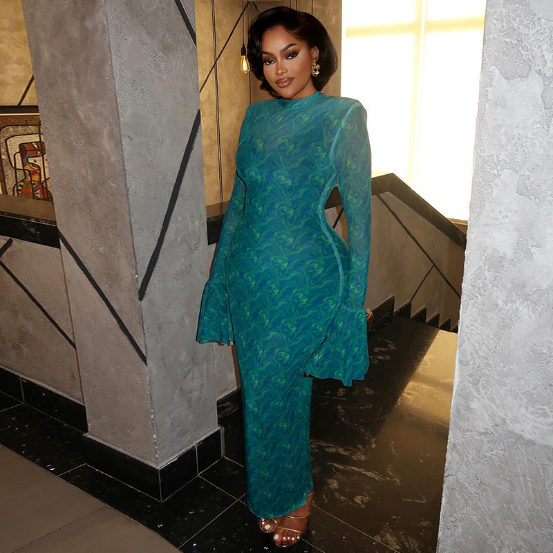 Women's Sexy Elegant Printed Long Sleeve Horn Cuff Slim-Fit Dress