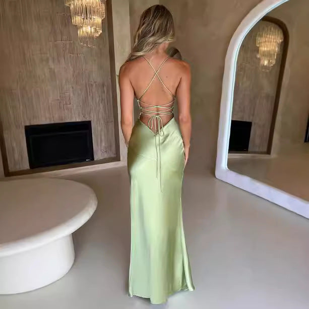 Women's Summer Spaghetti Strap Solid Color Satin Backless Side-Slit Maxi Dress