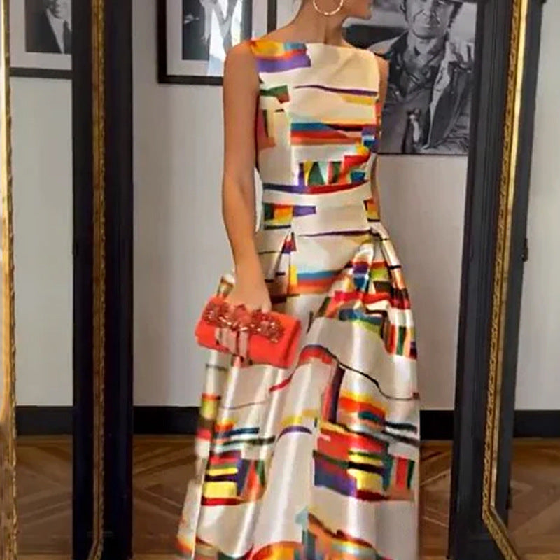 Autumn Casual Graphic Printing Defined Waist Slim Sleeveless Elegant Maxi Dress