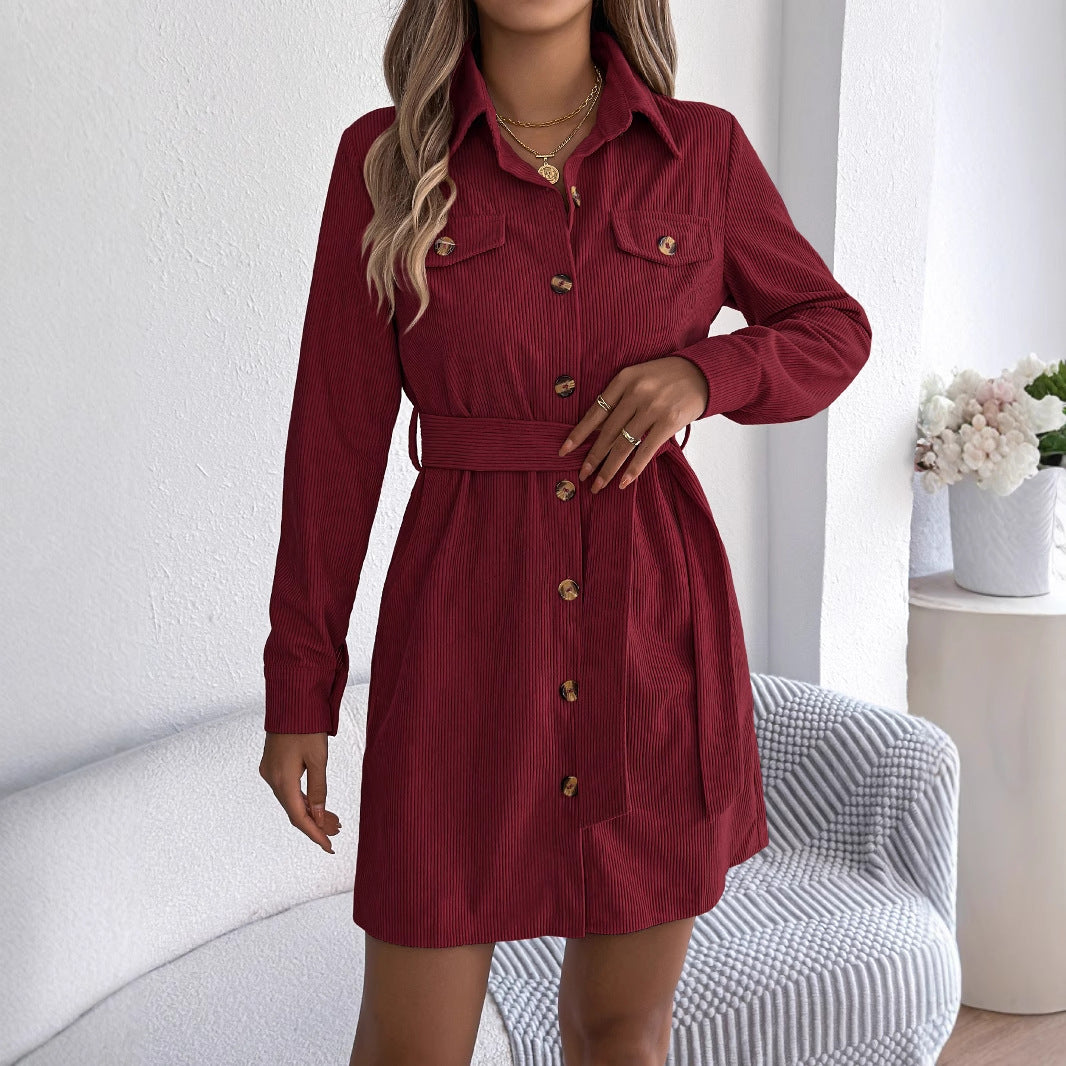 Women's Casual Corduroy Lapel Long Sleeve Shirt Dress, for Autumn