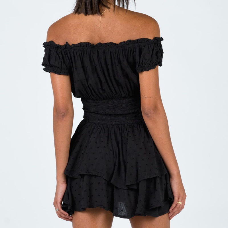 Women's Solid Color Cotton and Linen Short Sleeve Off-Shoulder Tight Waist Dress