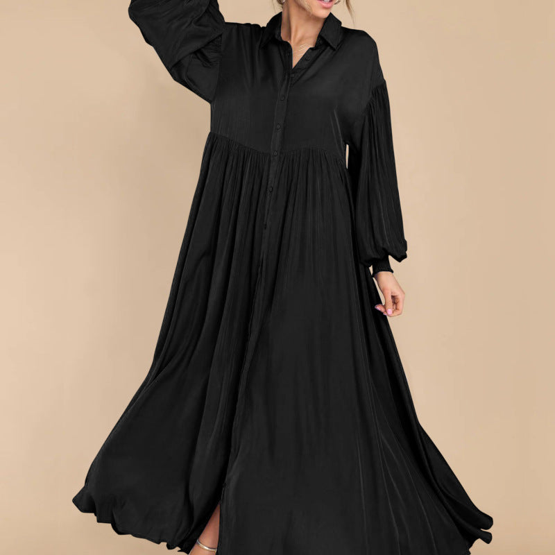Women's Casual Solid Color Creased Long Sleeve Maxi Dress