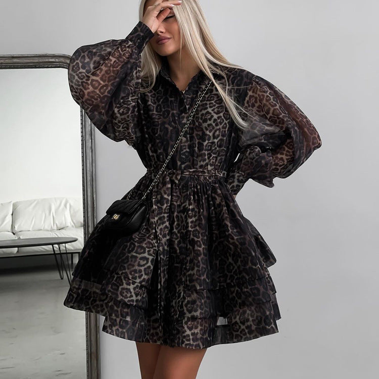 Women's Spring Leopard Chiffon Long Sleeve Dress