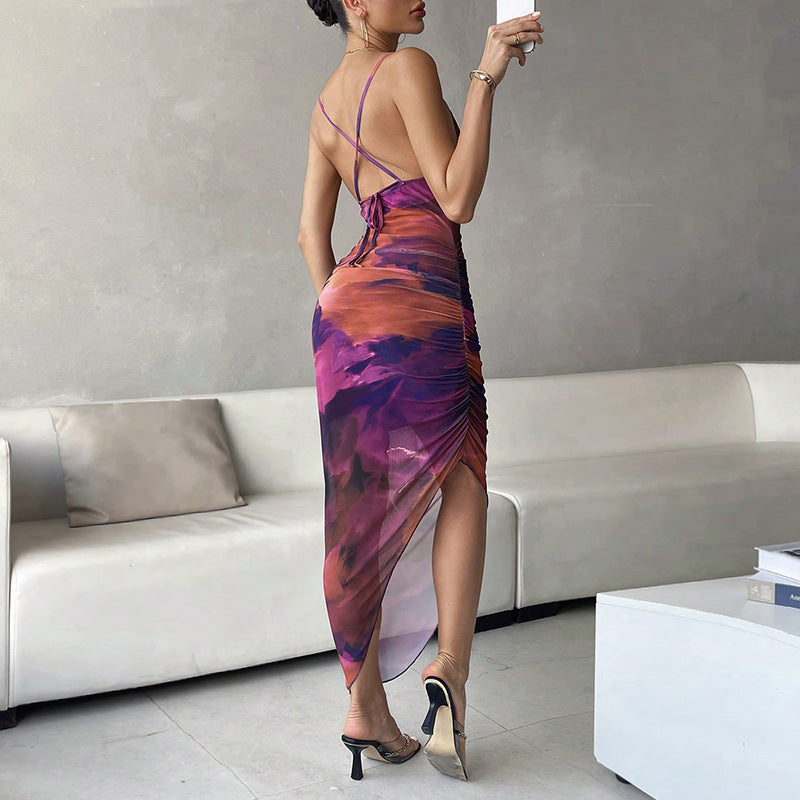 Women's Sexy Summer Tie-Dye Spaghetti Strap Drawstring Slim-Fit Dress