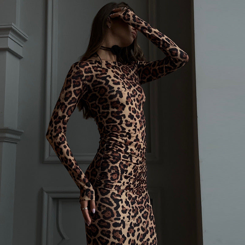 Women's Sexy Leopard Print Round Neck Long Sleeve Tight Maxi Dress