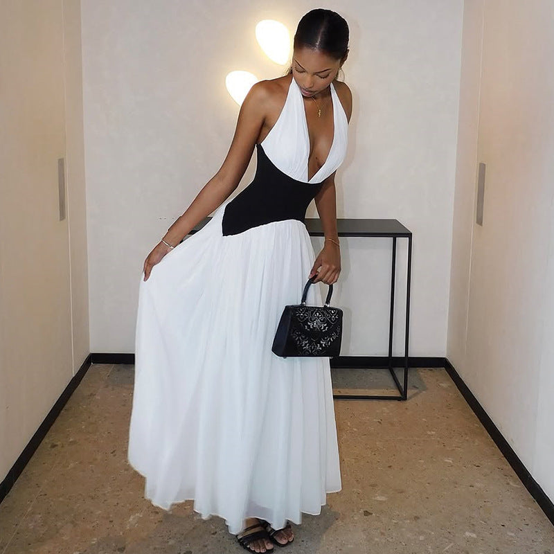 Women's Black White Stitching Halter Maxi Dress