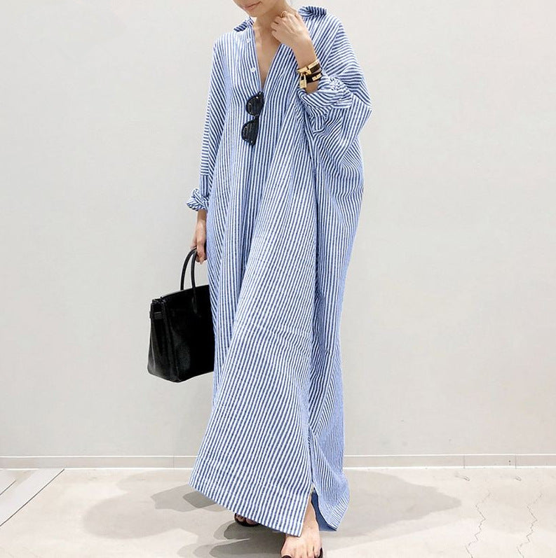 Women's Loose Stripe Print Large Size Maxi Dress, with Raglan