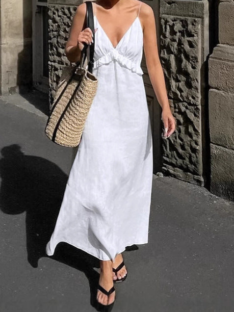 Women's Casual Solid Color Cotton Linen V-Neck Ruffled Loose Maxi Dress