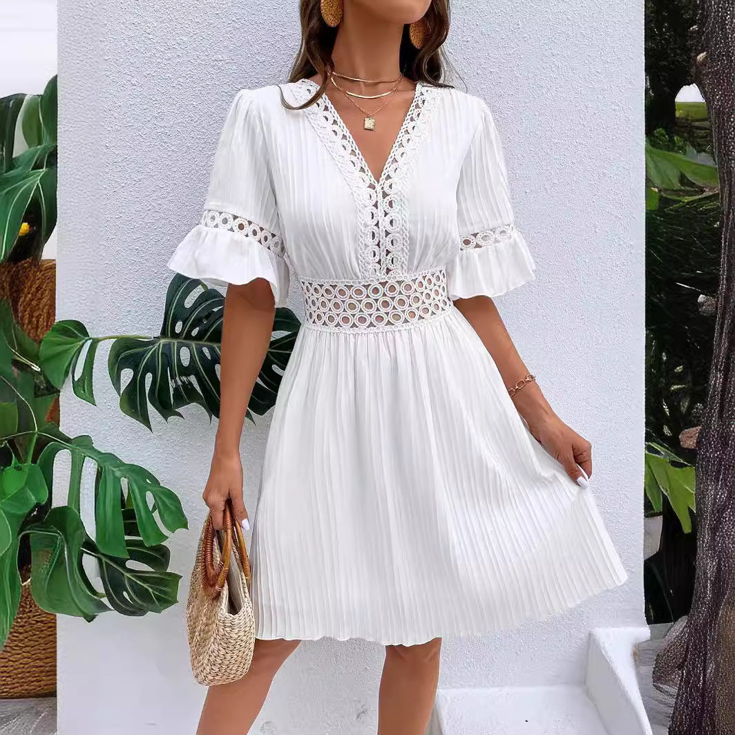 Women's Solid Color Hollow V-Neck Dress