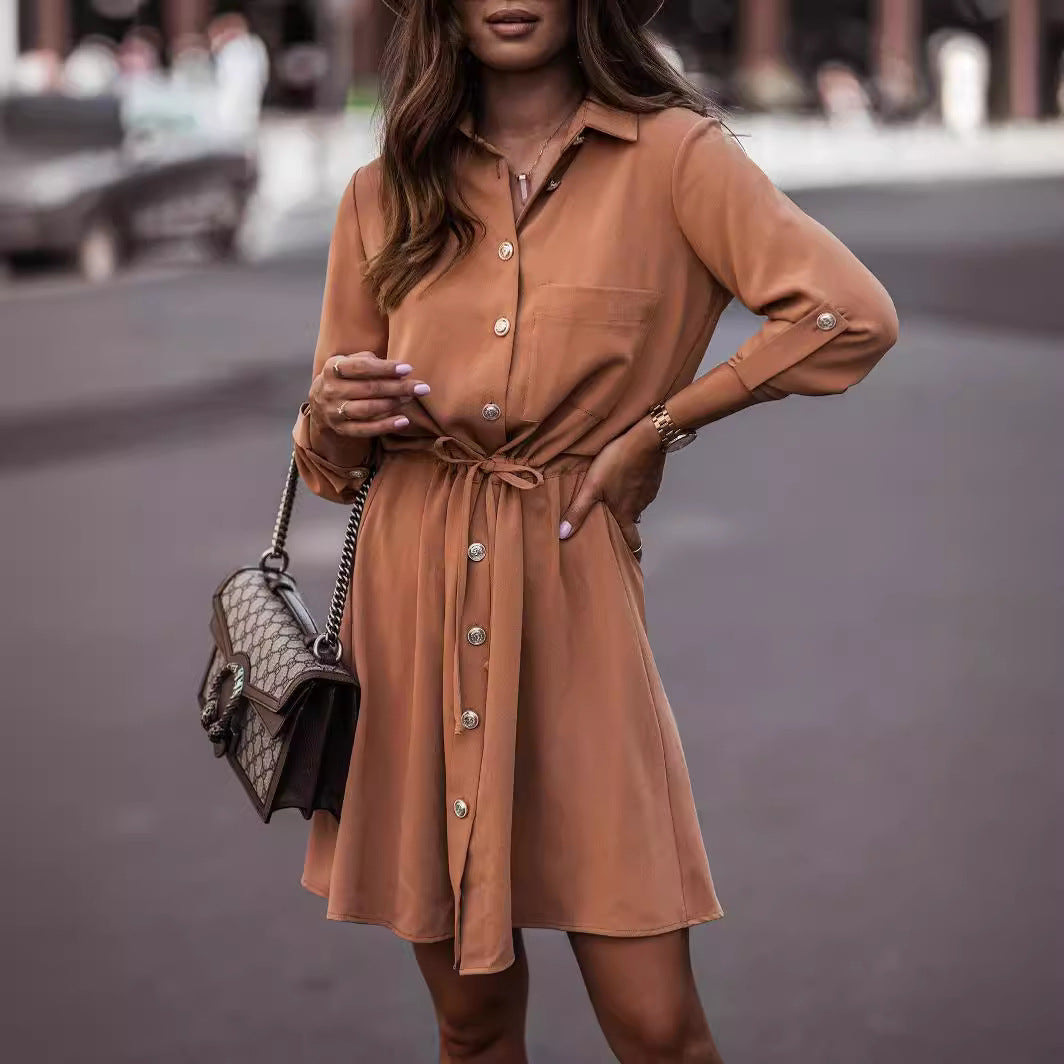 Women's Casual Spring Solid Color Lapel Long Sleeve Waistline Strap Button Dress