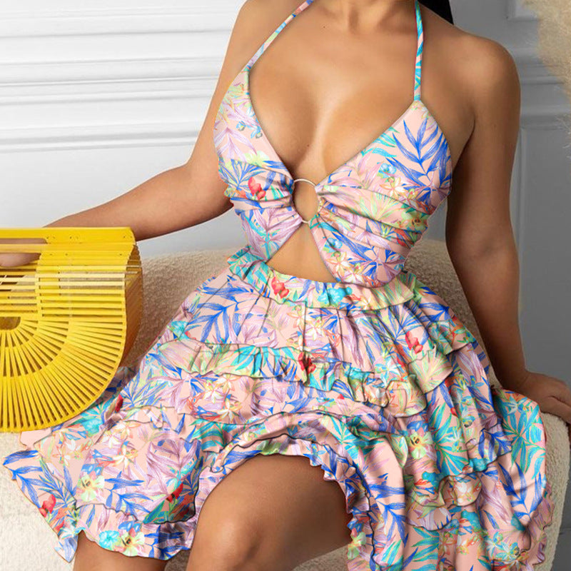 Women's Summer Floral Print Hollow Neck Mini Dress
