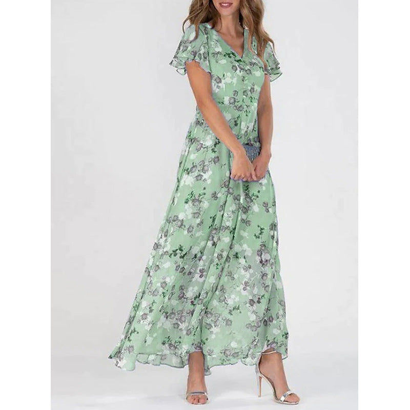 Women's Casual Flower Printed Chiffon V-Neck Short Sleeve Ruffled Maxi Dress
