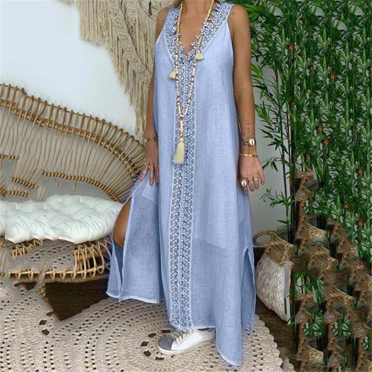 Women's Vintage Boho Lace Patchwork V-Neck Maxi Dress, Plus Size