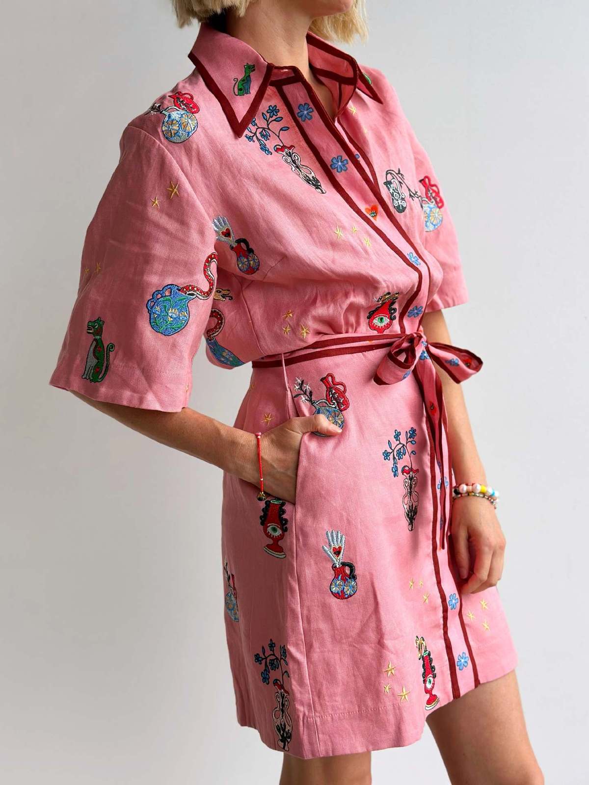 Women's Casual Linen Printed Lace-Up Short Sleeve Dress