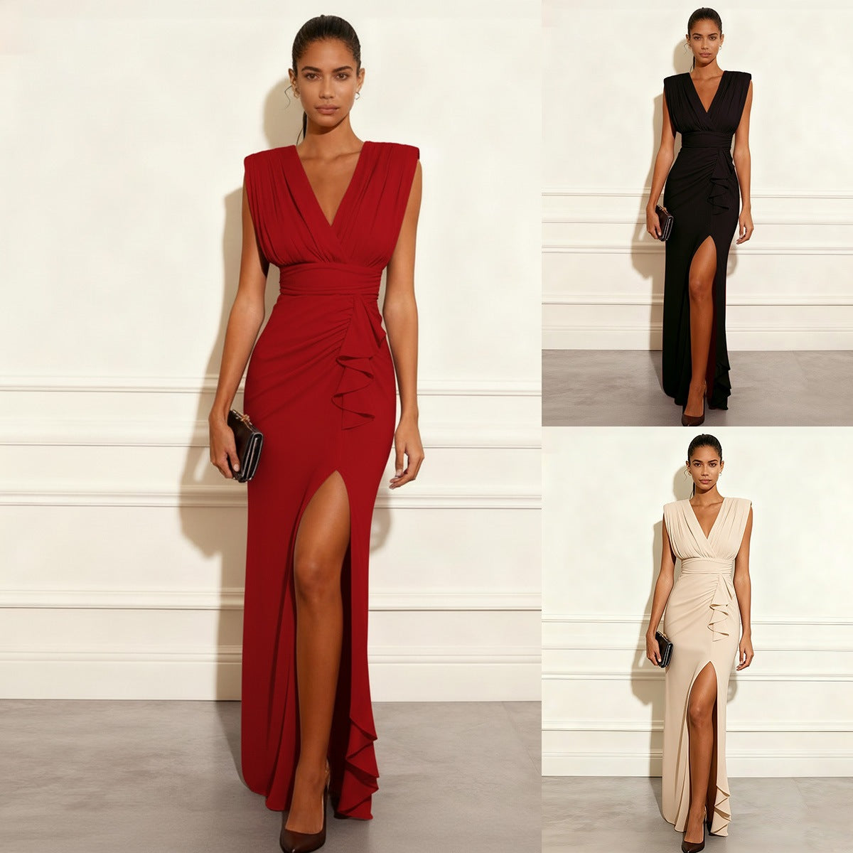 Women's Elegant Summer Solid Color V-Neck Sleeveless Slim-Fit Split Dress