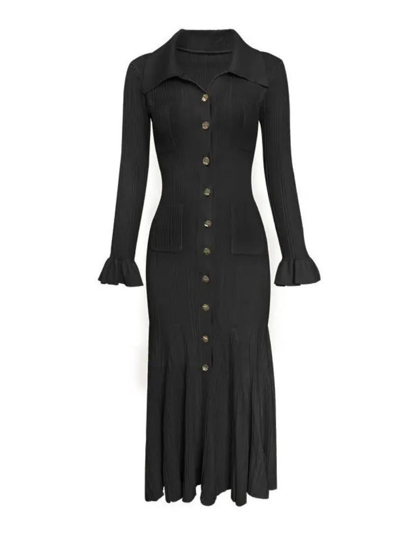 Women's and Solid Color Lapel Long Sleeve Tight Waist Large Swing Knitted Dress