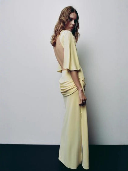 Women's Sexy Solid Color Short Sleeve Backless Pleated Maxi Dress