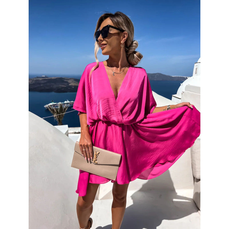 Spring Summer Solid Color Satin Loose Casual Vacation V-Neck Dress