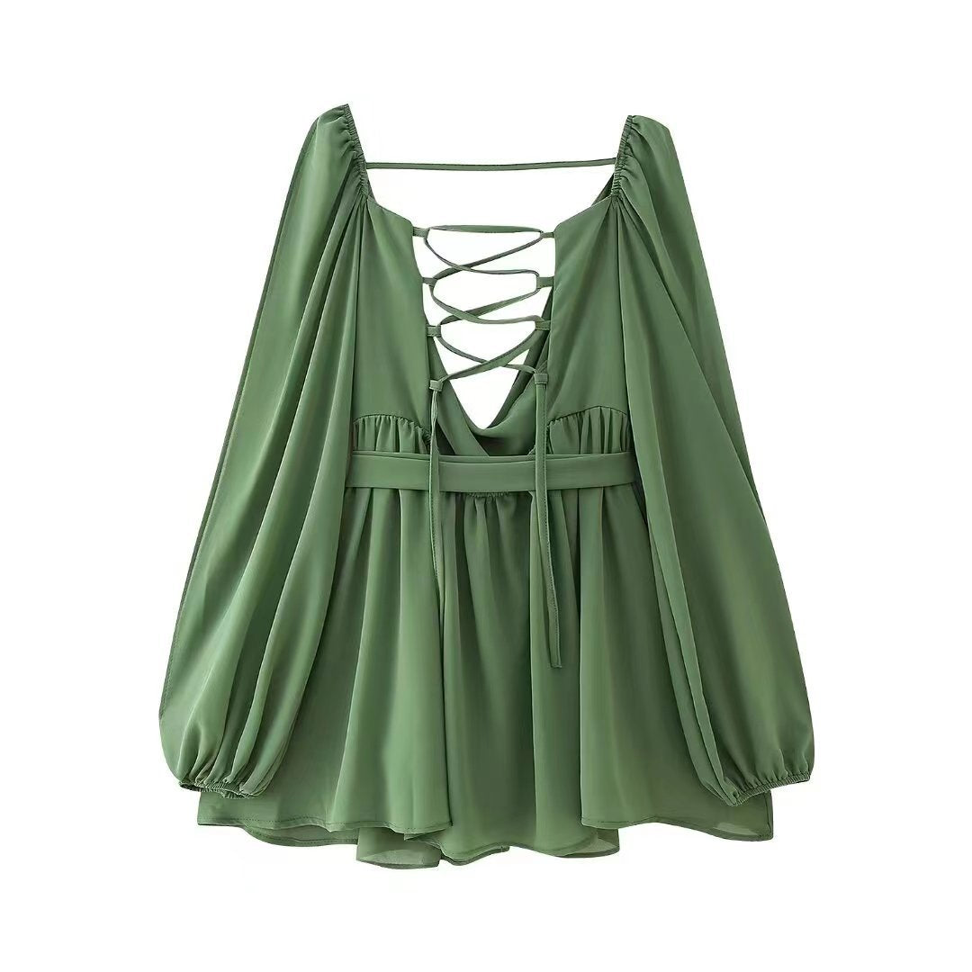 Women's Spring Vacation Sexy Hollow Lantern Sleeve V-Neck Backless Ruffled Dress