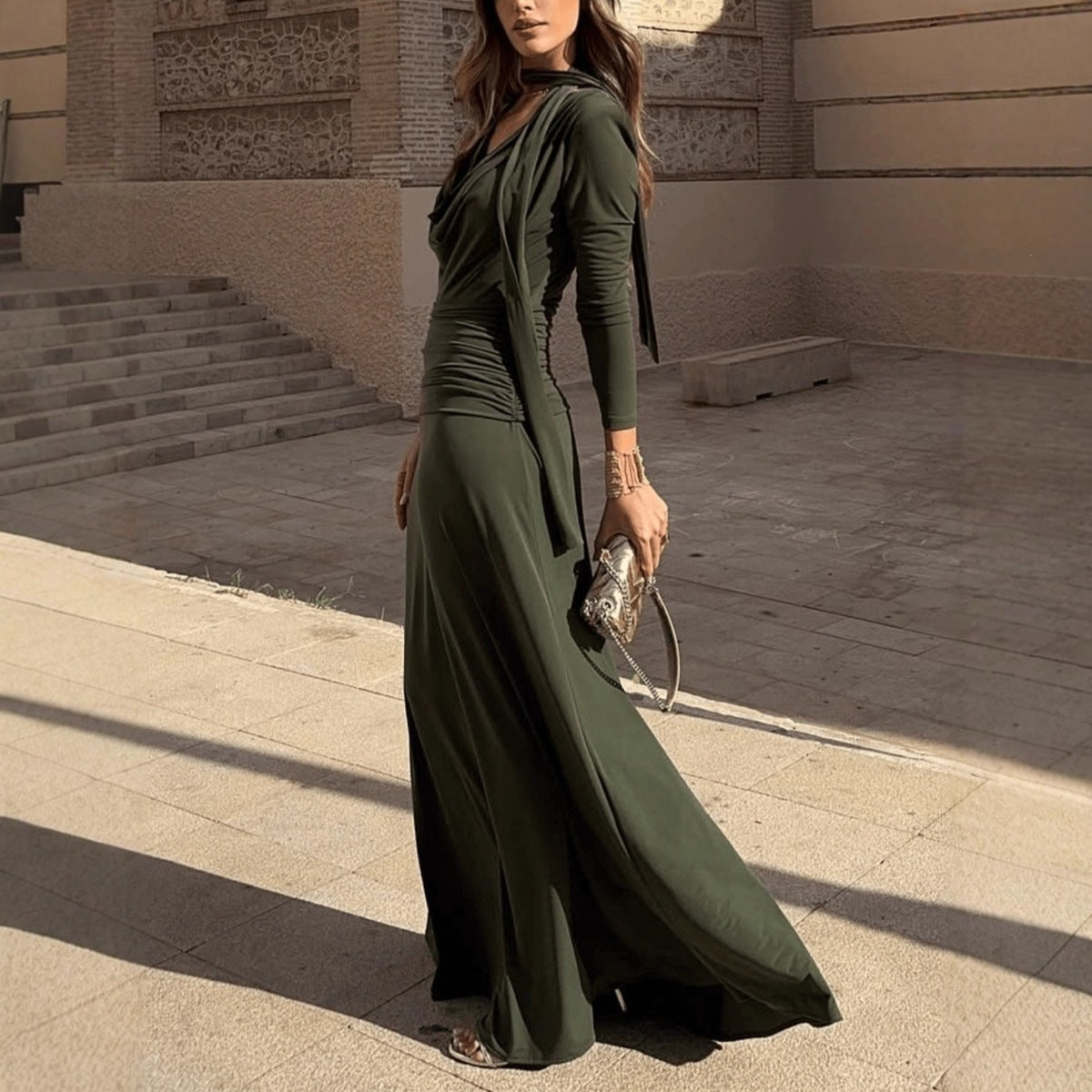 Women's Elegant Autumn Solid Color Long Sleeve Slim-Fit Strap Dress