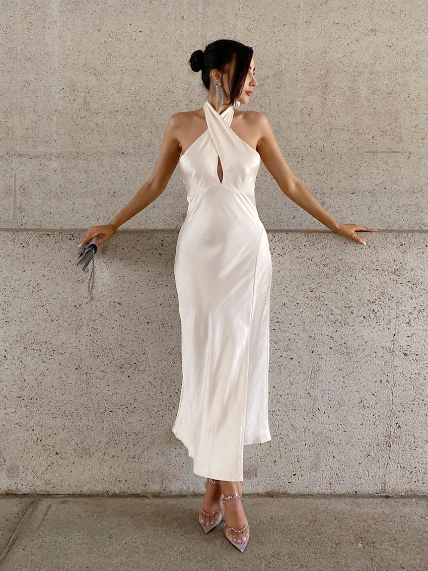 Women's Summer Sexy Crossover Halter Neck Backless Split Midi Dress