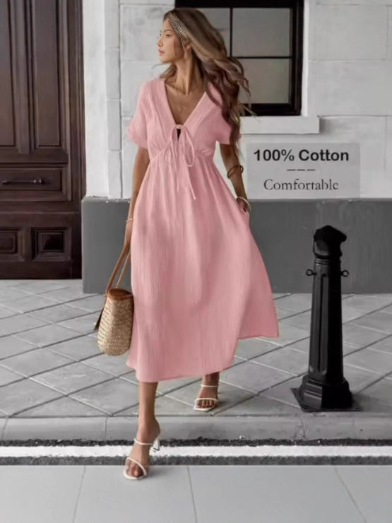 Women's Casual Summer Solid Color V-Neck Short Sleeve Loose A-Line Dress