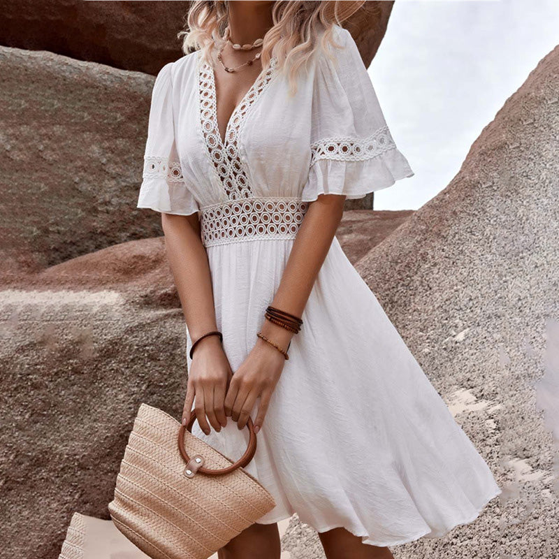 Women's Casual Boho Lace Stitching V-Neck Short Sleeve Hollow-Out Dress