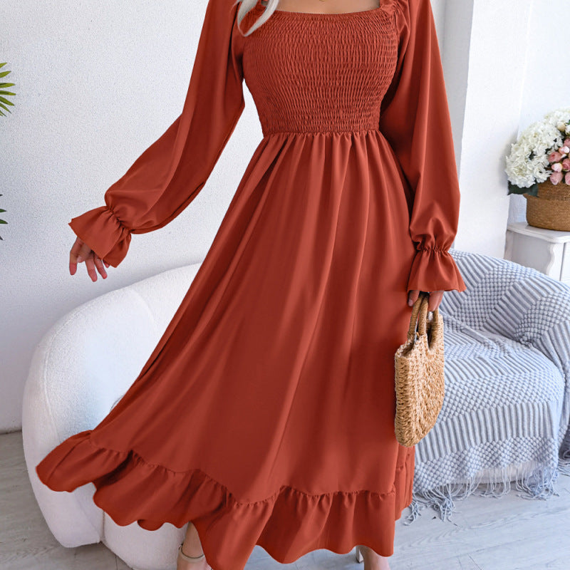 Women's Casual Square Collar Ruffled Maxi Dress