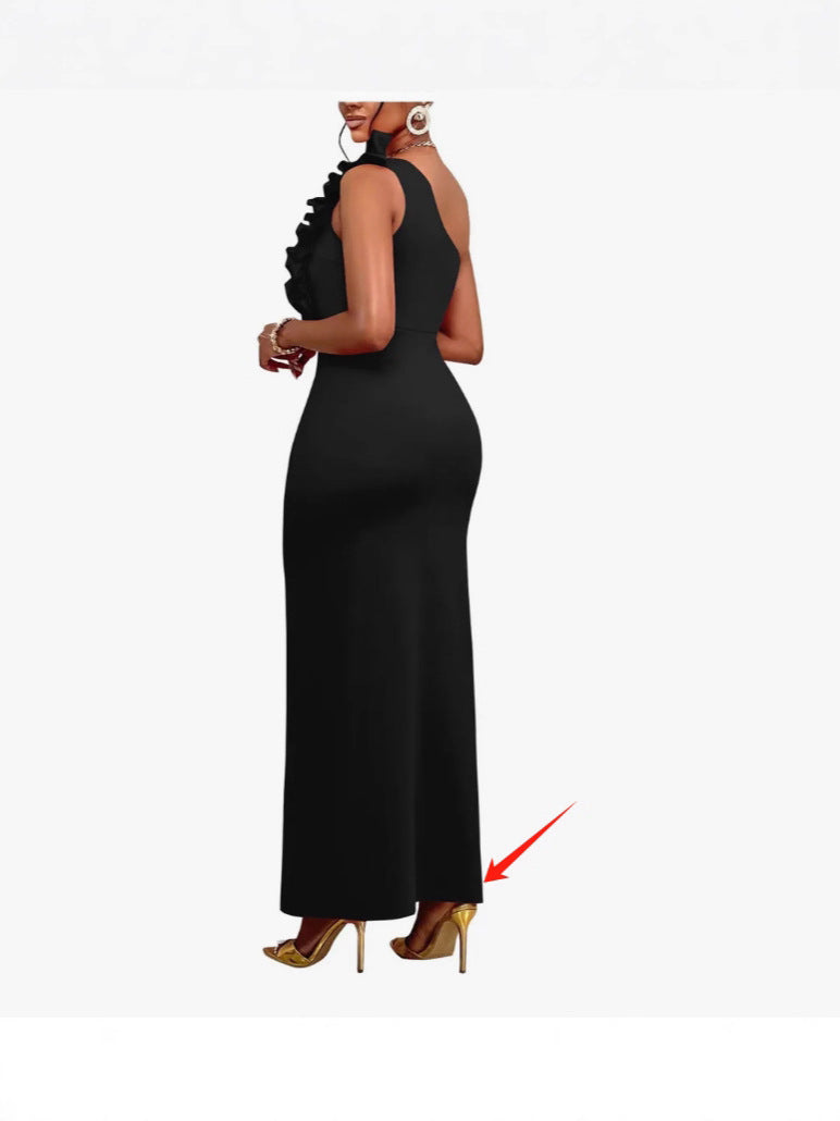 Women's Elegant Solid Color Single Shoulder Side Split Bodycon Maxi Dress