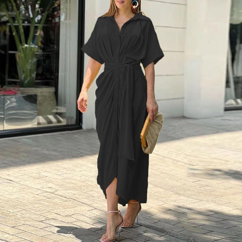 Women's Elegant Solid Color Lapel Short Sleeve Defined Waist Pleated Shirt Dress