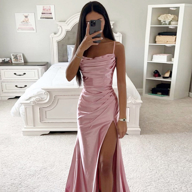 Women's Sexy Solid Color Tube Creased Side Slit Sundress