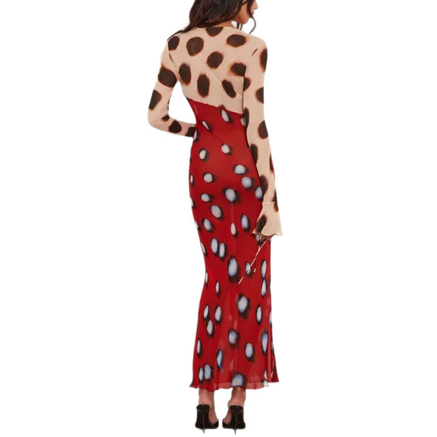 Women's Sexy Leopard Mesh Printed Lace-Up Long Sleeve Stretch Dress