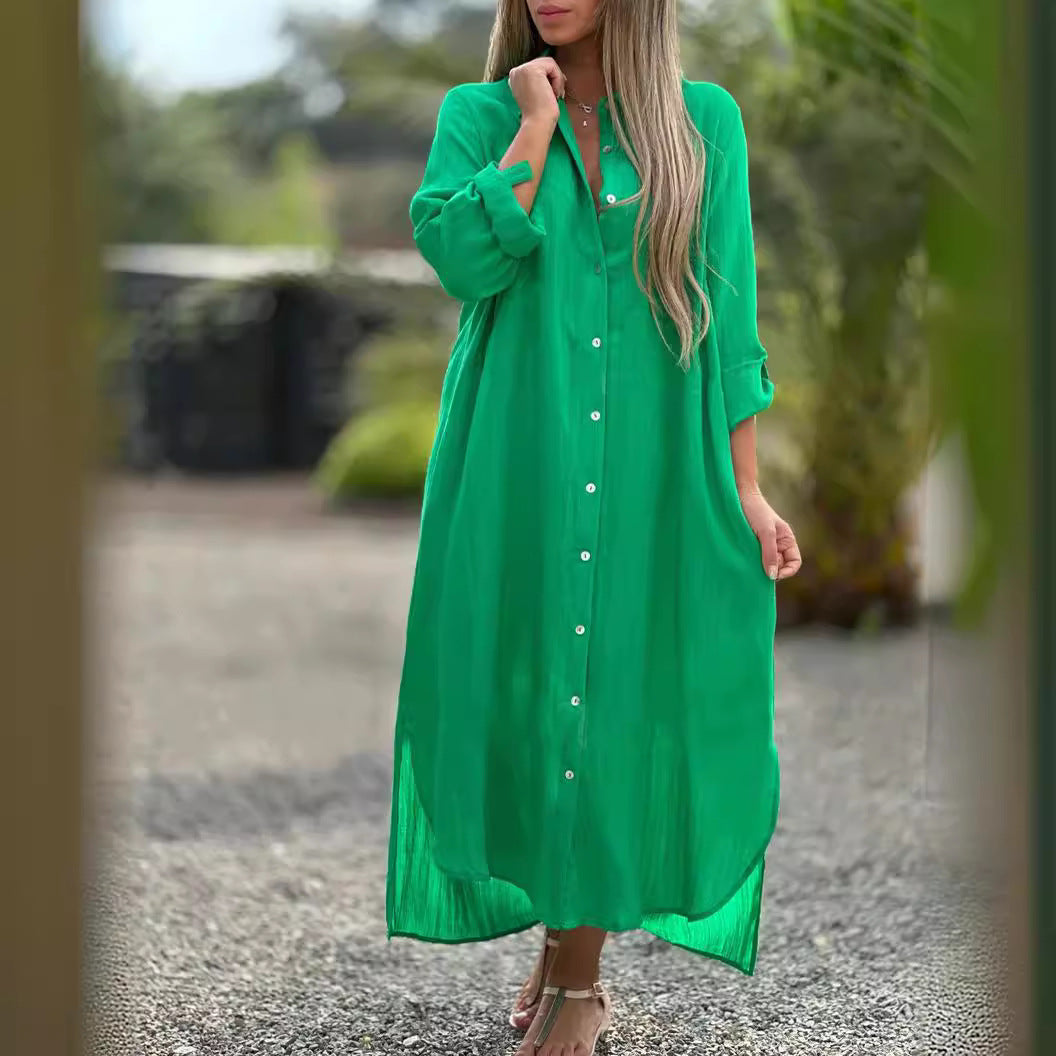 Women's Casual Cotton Linen A-Line Maxi Dress, Long Sleeve