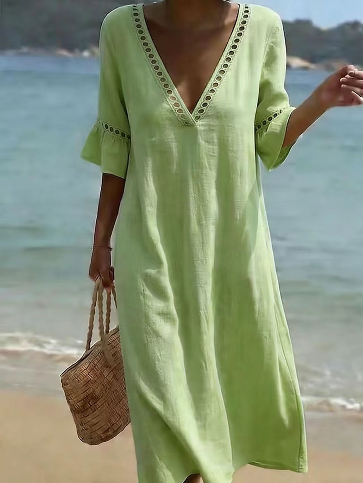 Women's Summer Boho Vacation Solid Color V-Neck Short Sleeve Loose Dress