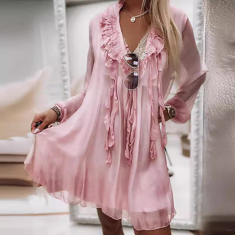 Women's Casual V-Neck Long Sleeve Ruffle Loose Dress
