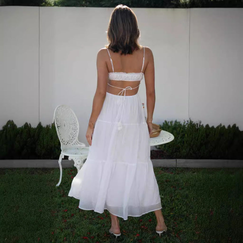 Women's Casual Solid Color Strap Backless Hollow Maxi Dress
