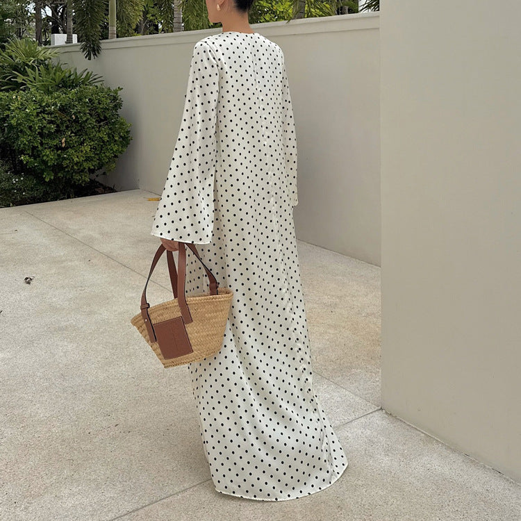 Women's Casual Spring Polka Dot Bowknot V-Neck Long Sleeve Loose Dress