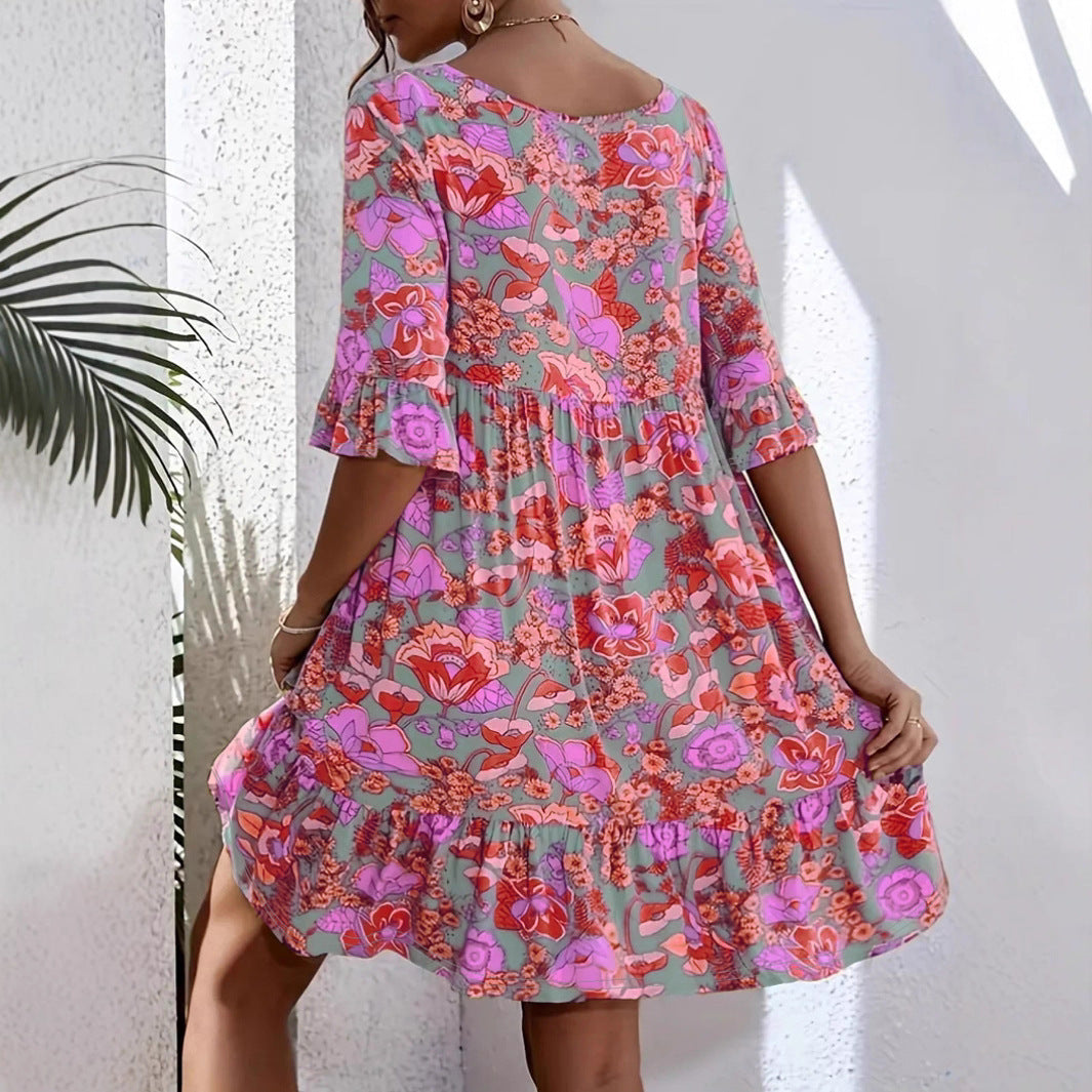 Women's Summer Casual V-Neck Floral Print Bohemian Dress