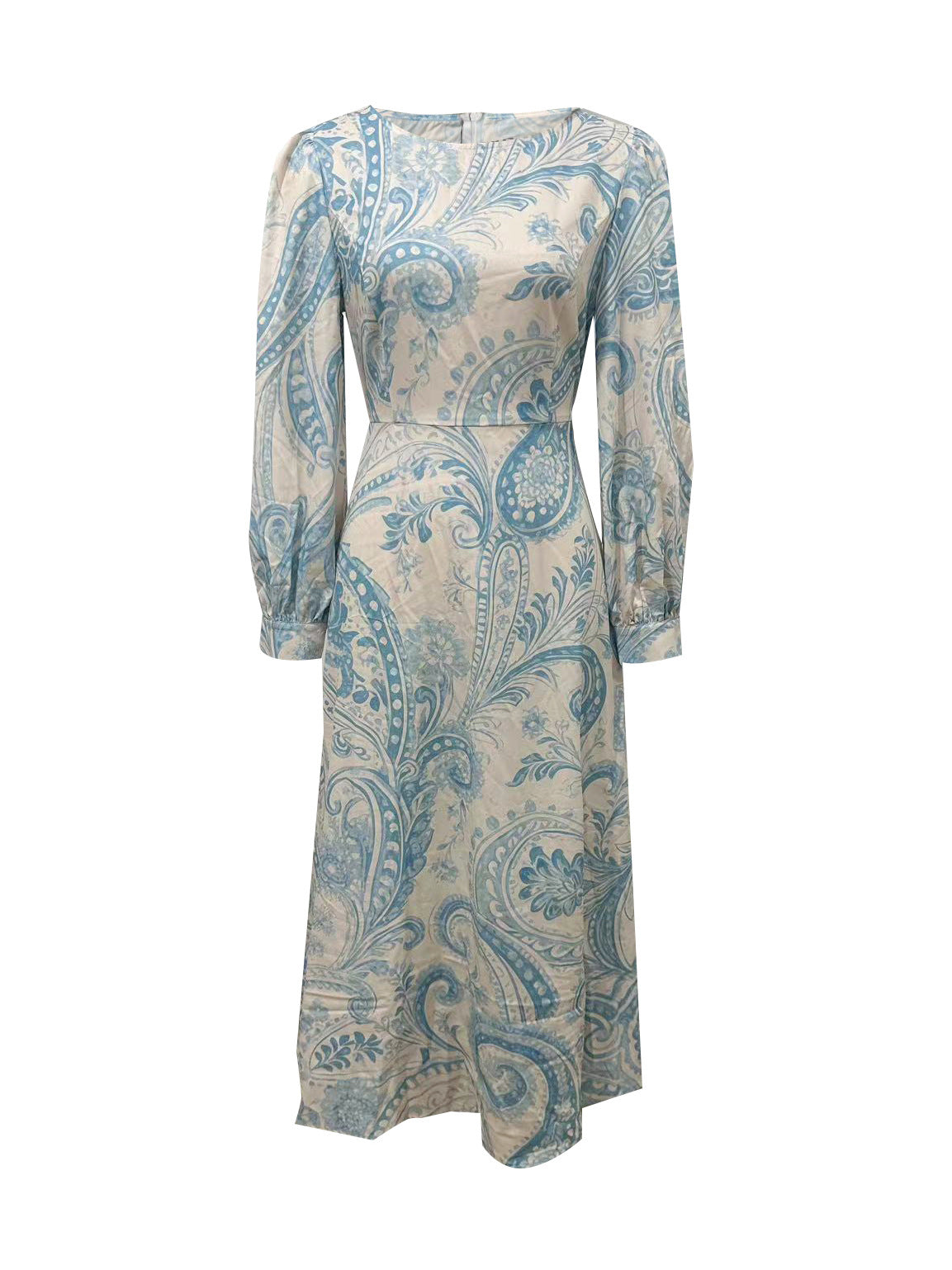 Women's Elegant Pattern Printed Round Neck Long Lantern Sleeve Long A-Line Dress