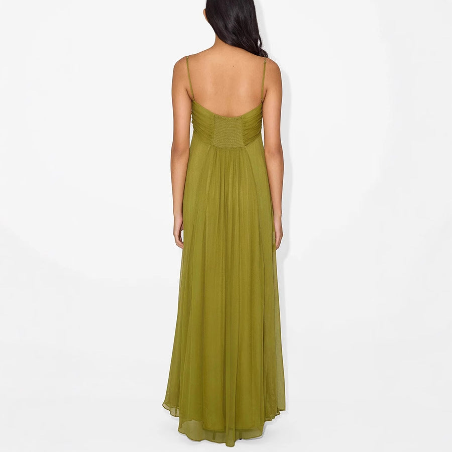 Women's Sexy Solid Color U-Shaped Spaghetti Strap Loose Polyester Long Dress