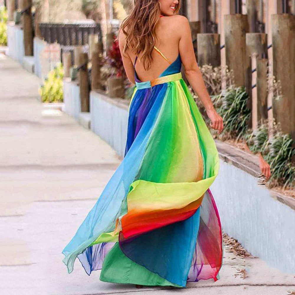 Women's Multicolor Print V-Neck Sling Chiffon Maxi Dress