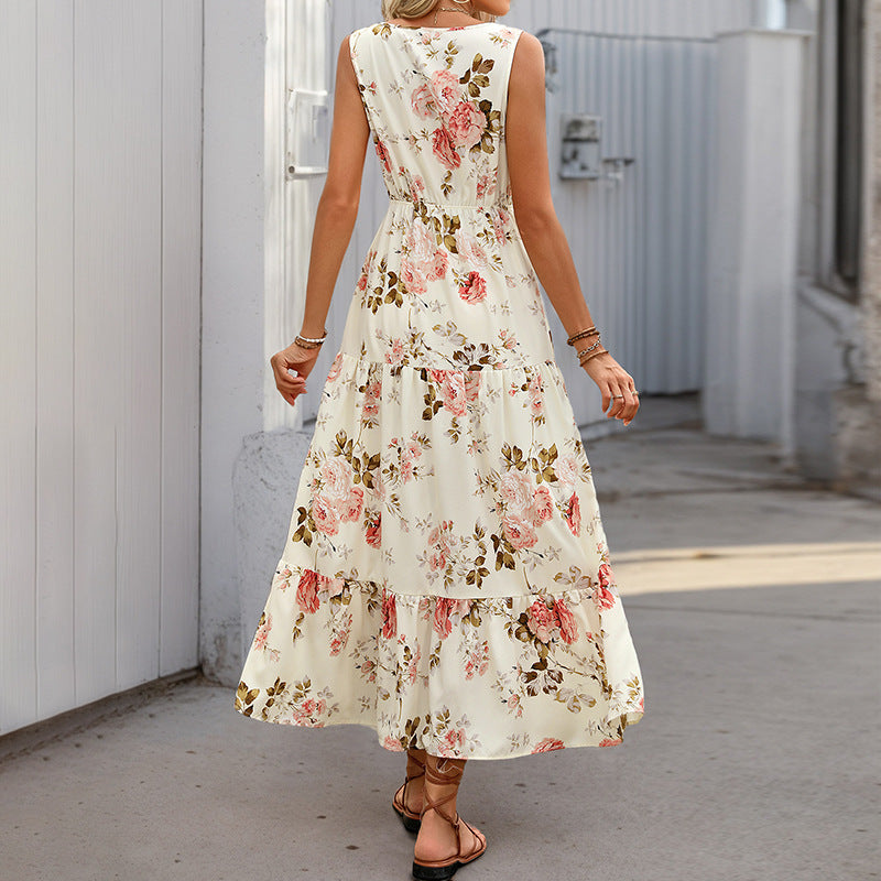 Women's Casual Flower Printed V-Neck Sleeveless Loose Dress