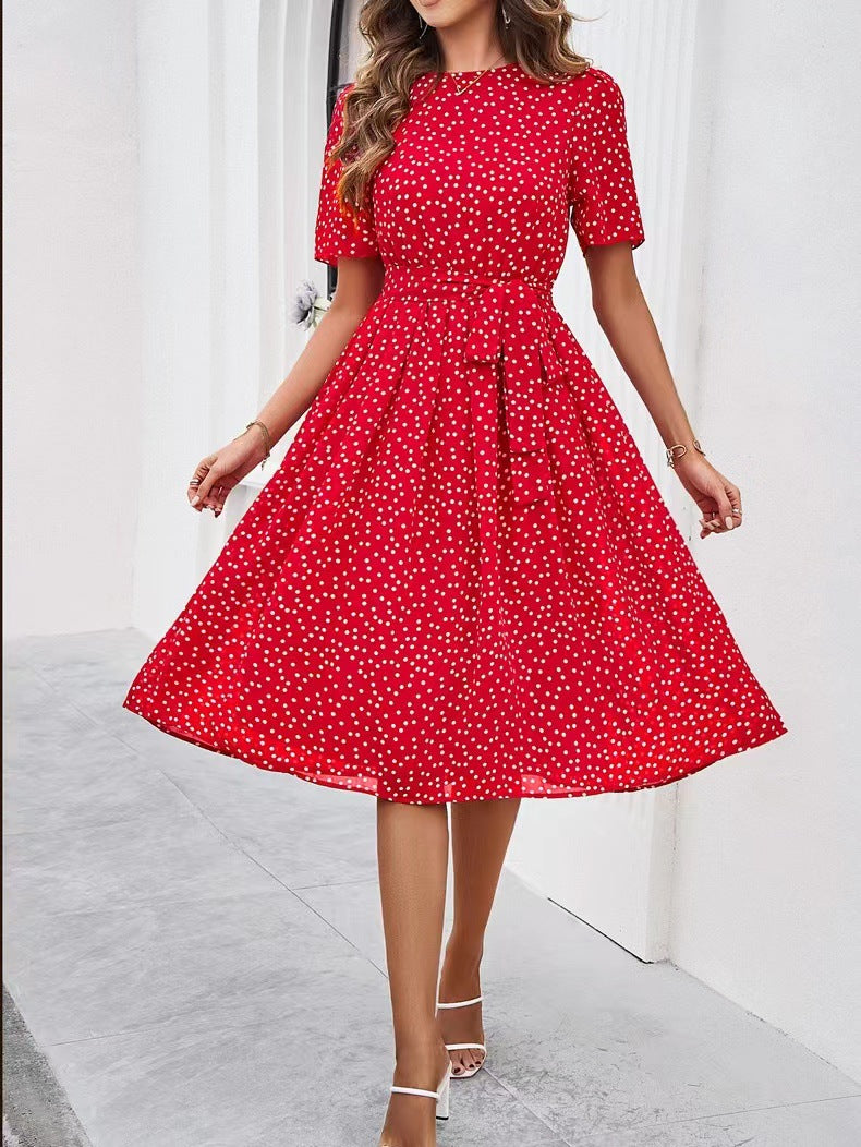 Women's Spring and Summer Polka Dot Print Short Sleeve Lace-Up A-Line Dress
